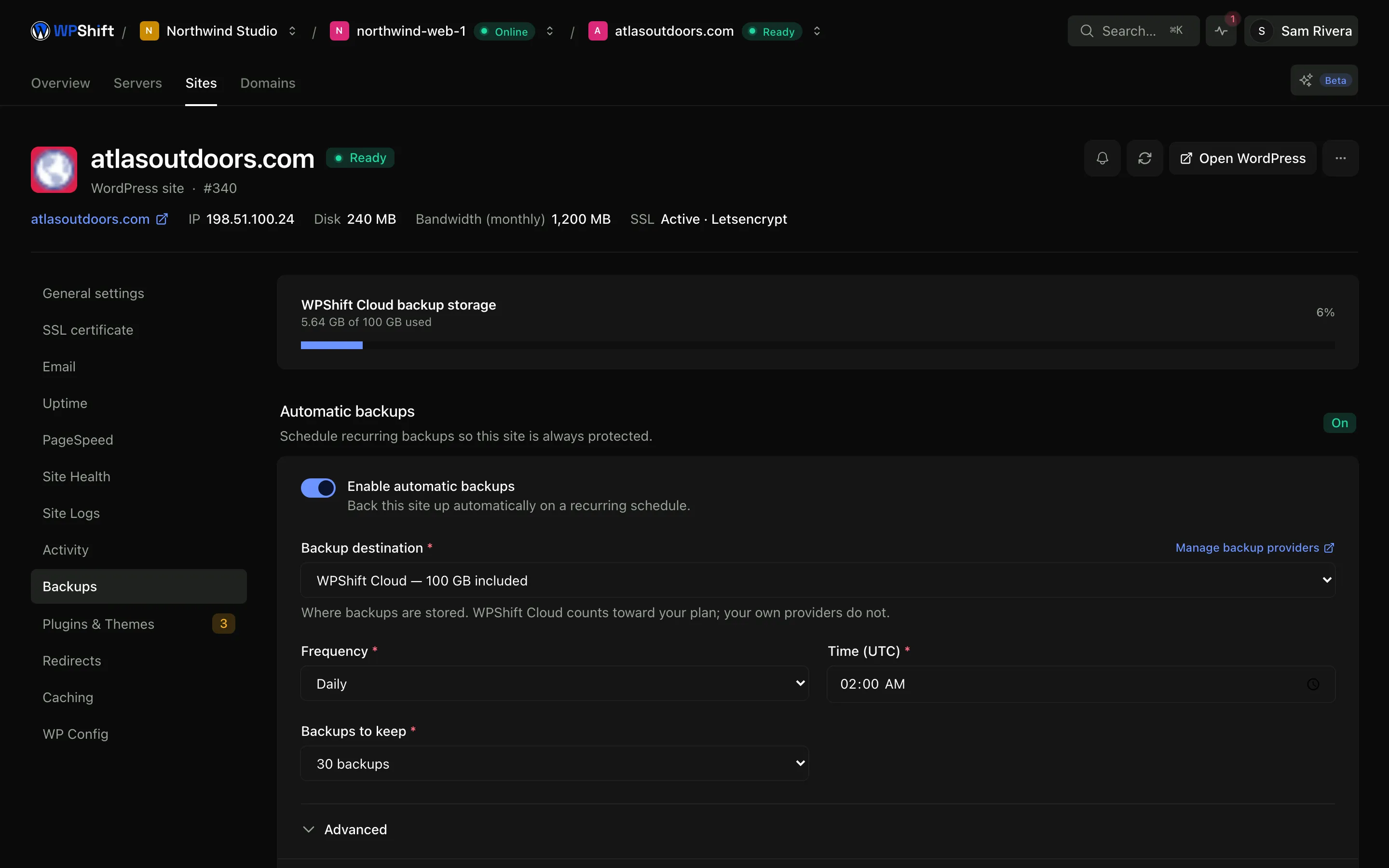 Backup schedule, retention and storage use for a site.