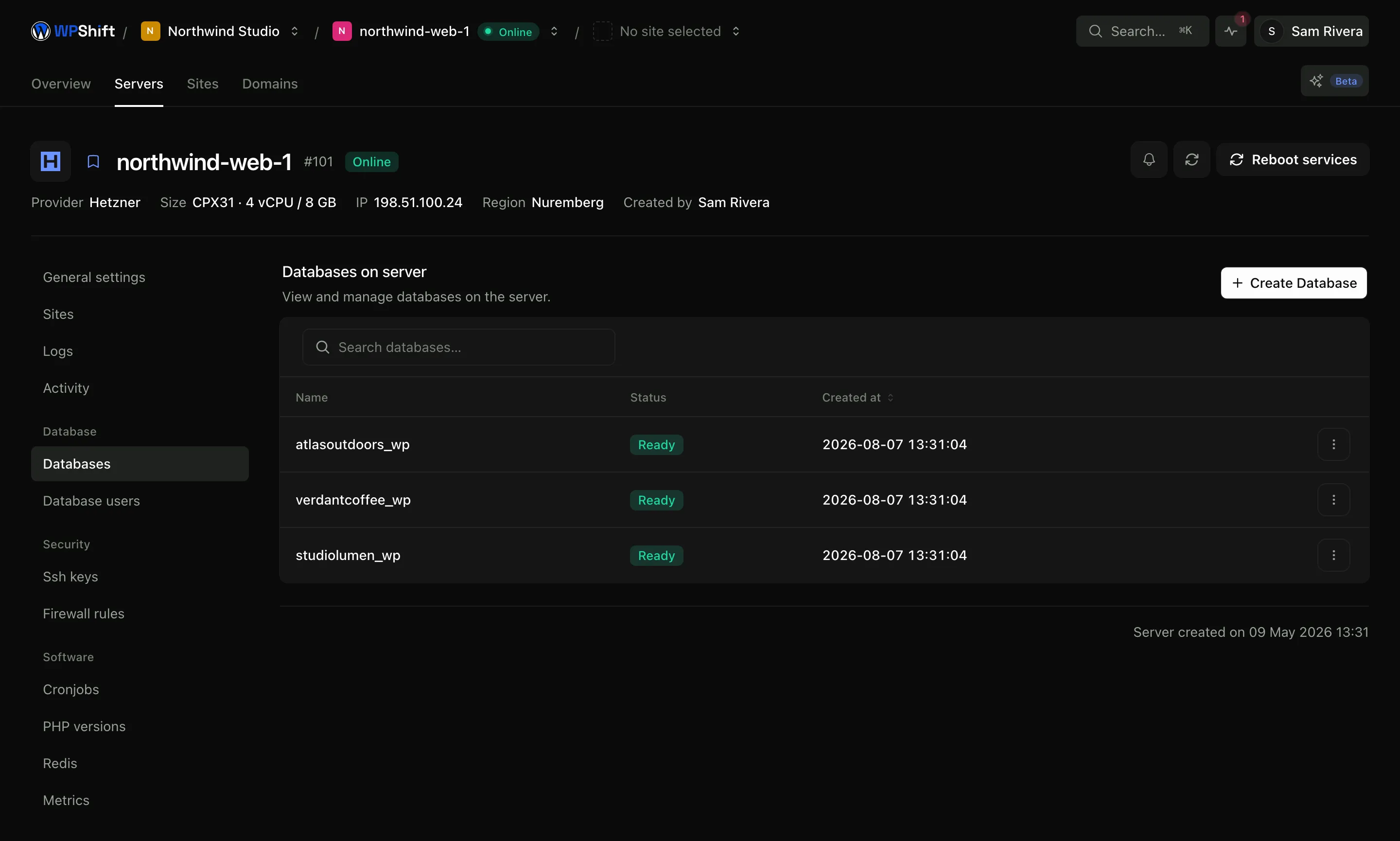 One database per site on the server.