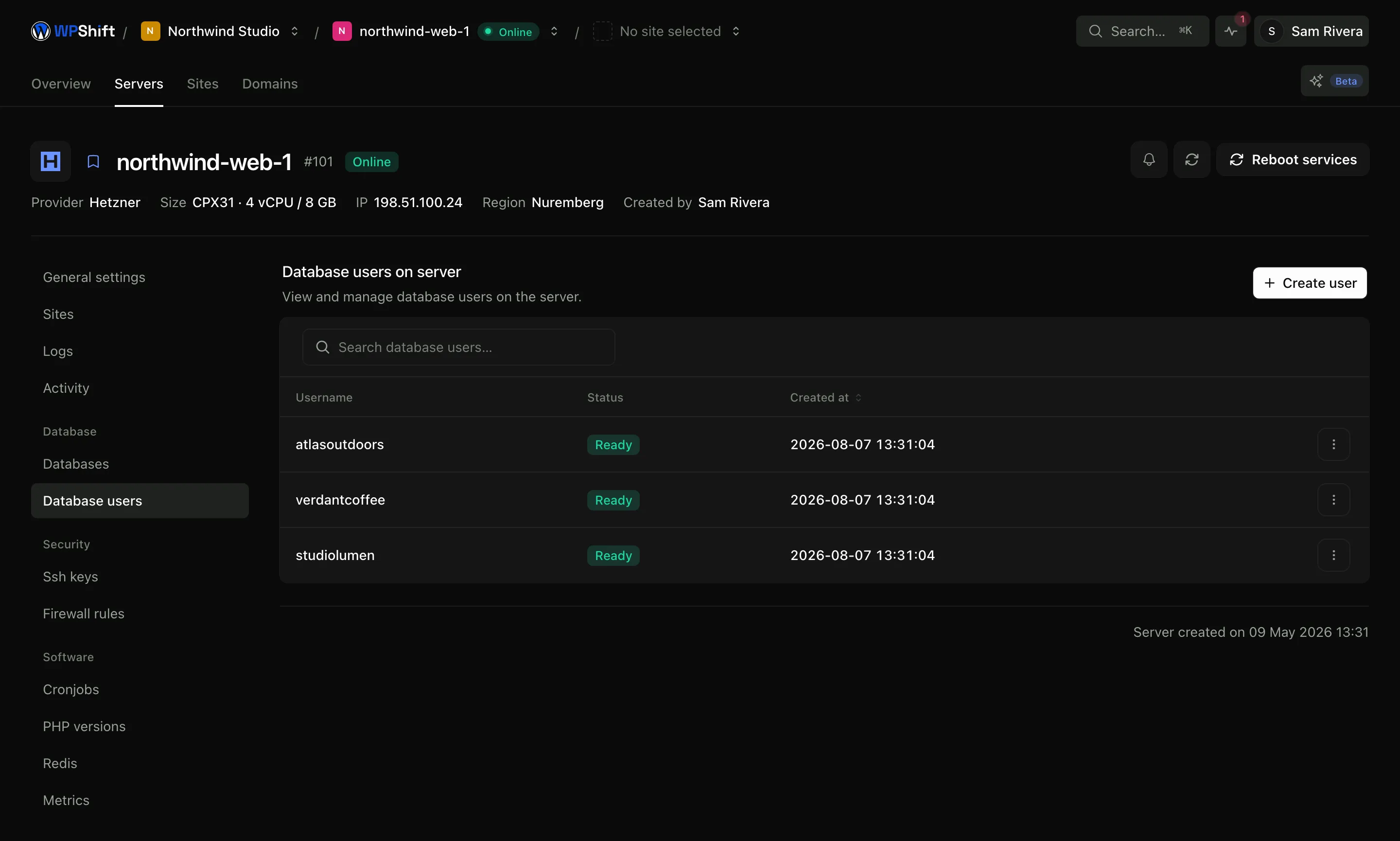 Database logins, and which databases each one can open.