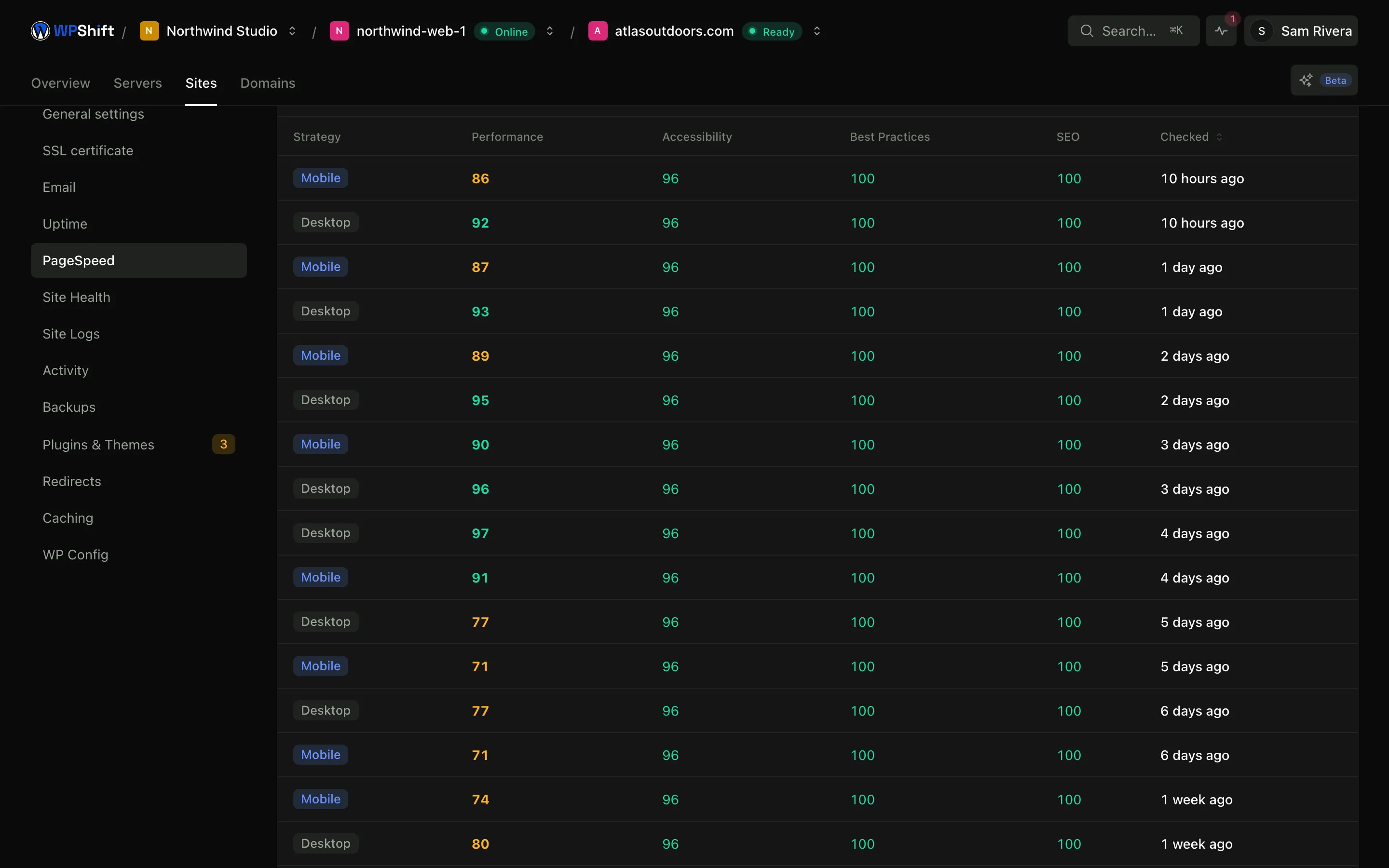 The full record of tests, which you can filter to phone or computer.