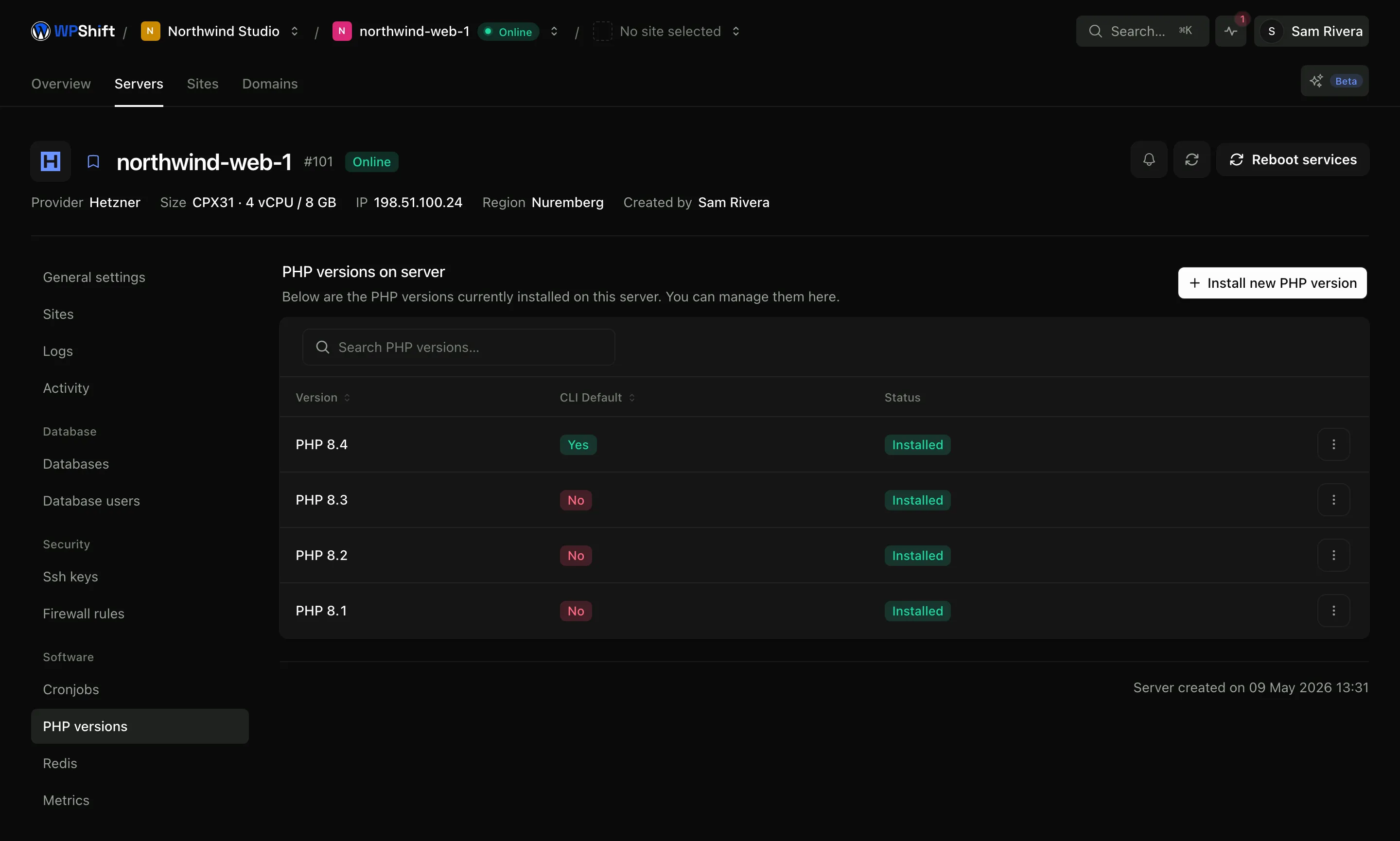 PHP 8.1, 8.2, 8.3 and 8.4 installed together. One is marked as the version new sites get.