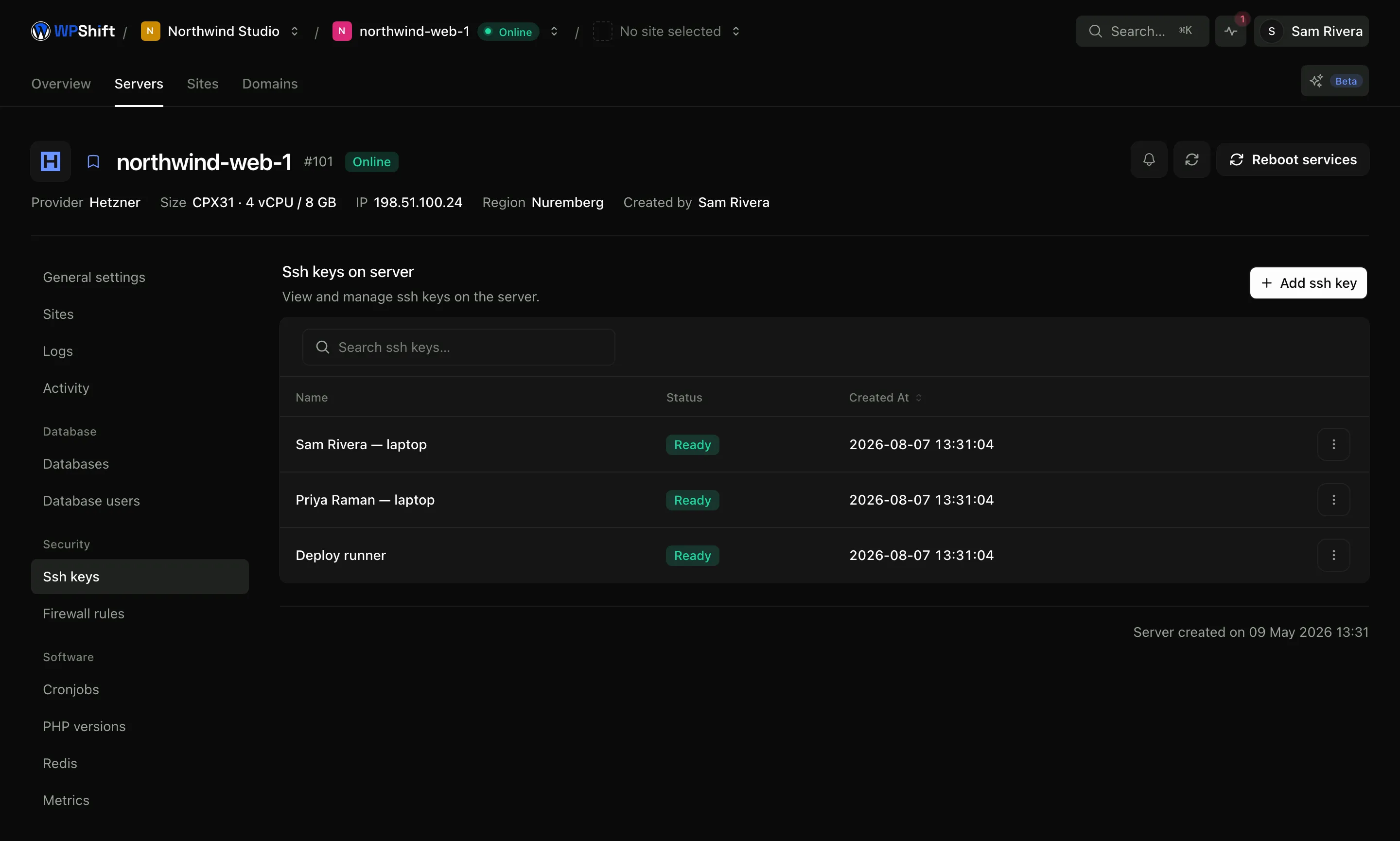 Access keys on a server, added and removed one person at a time.