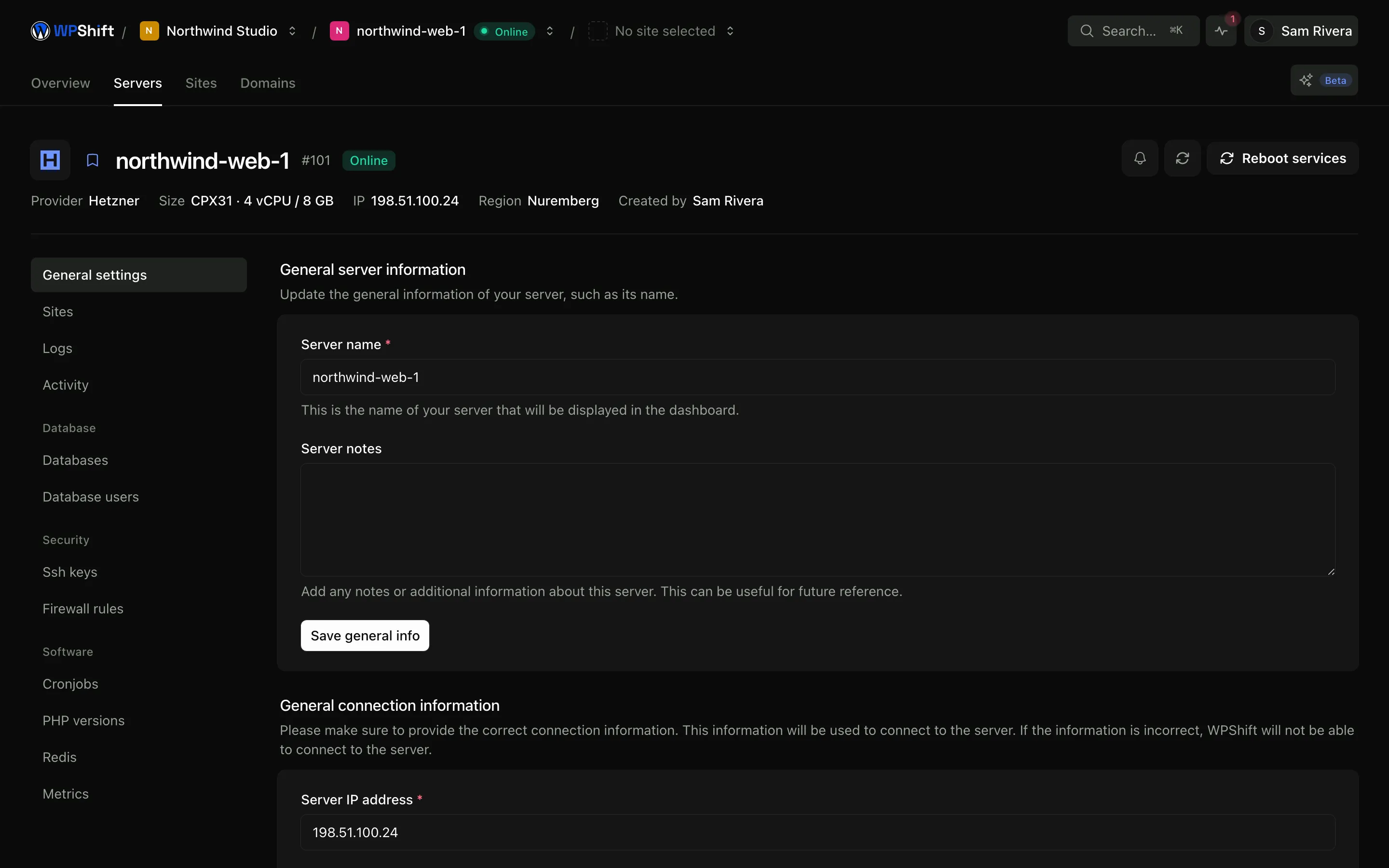 A server's provider, region, size and settings.
