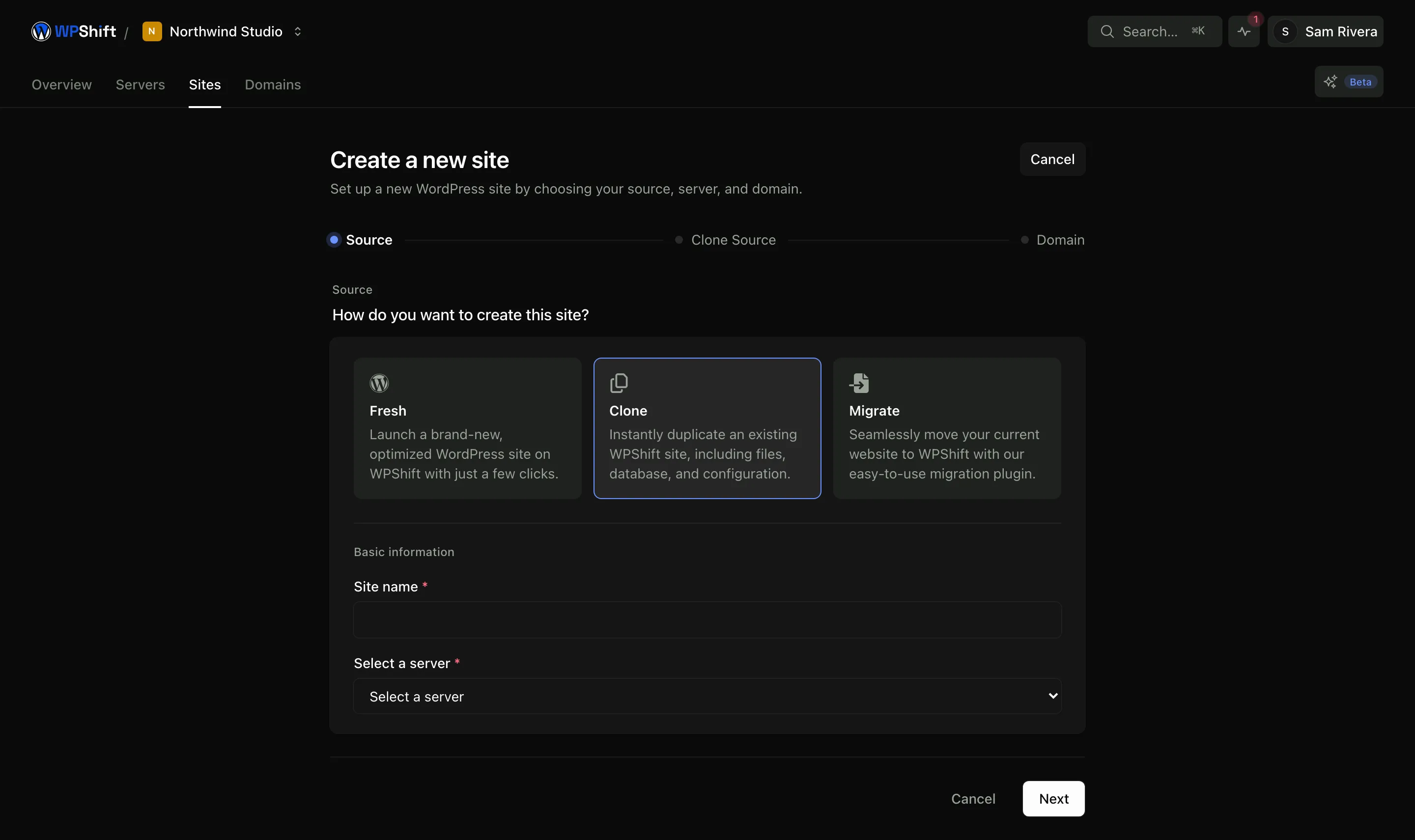 Creating a site as a copy of an existing one, which inherits its setup.