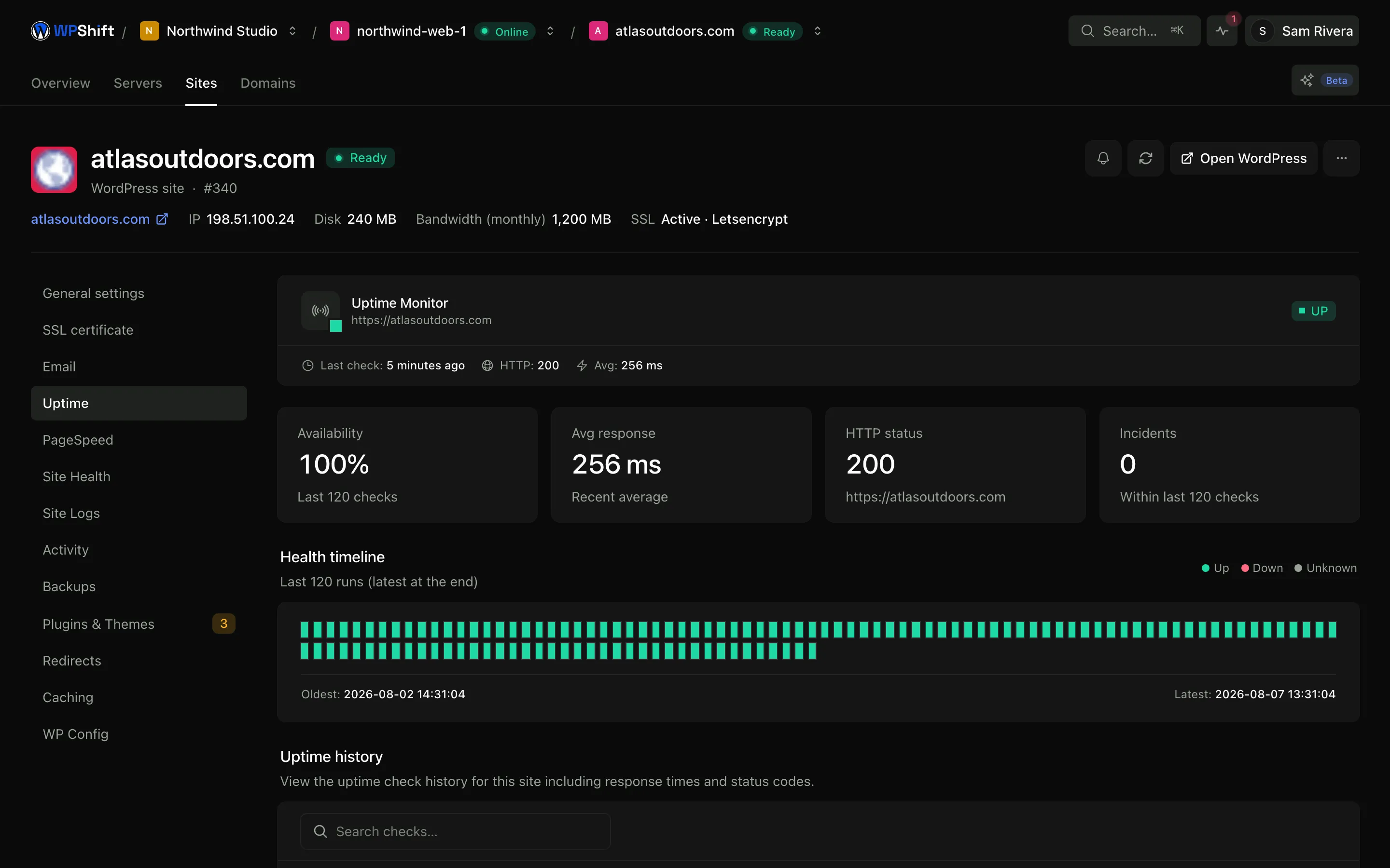 One site: whether it is up, how fast it responded, and how many checks it has passed.
